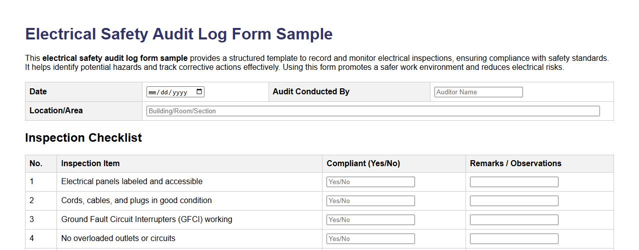 electrical safety audit log form sample image preview