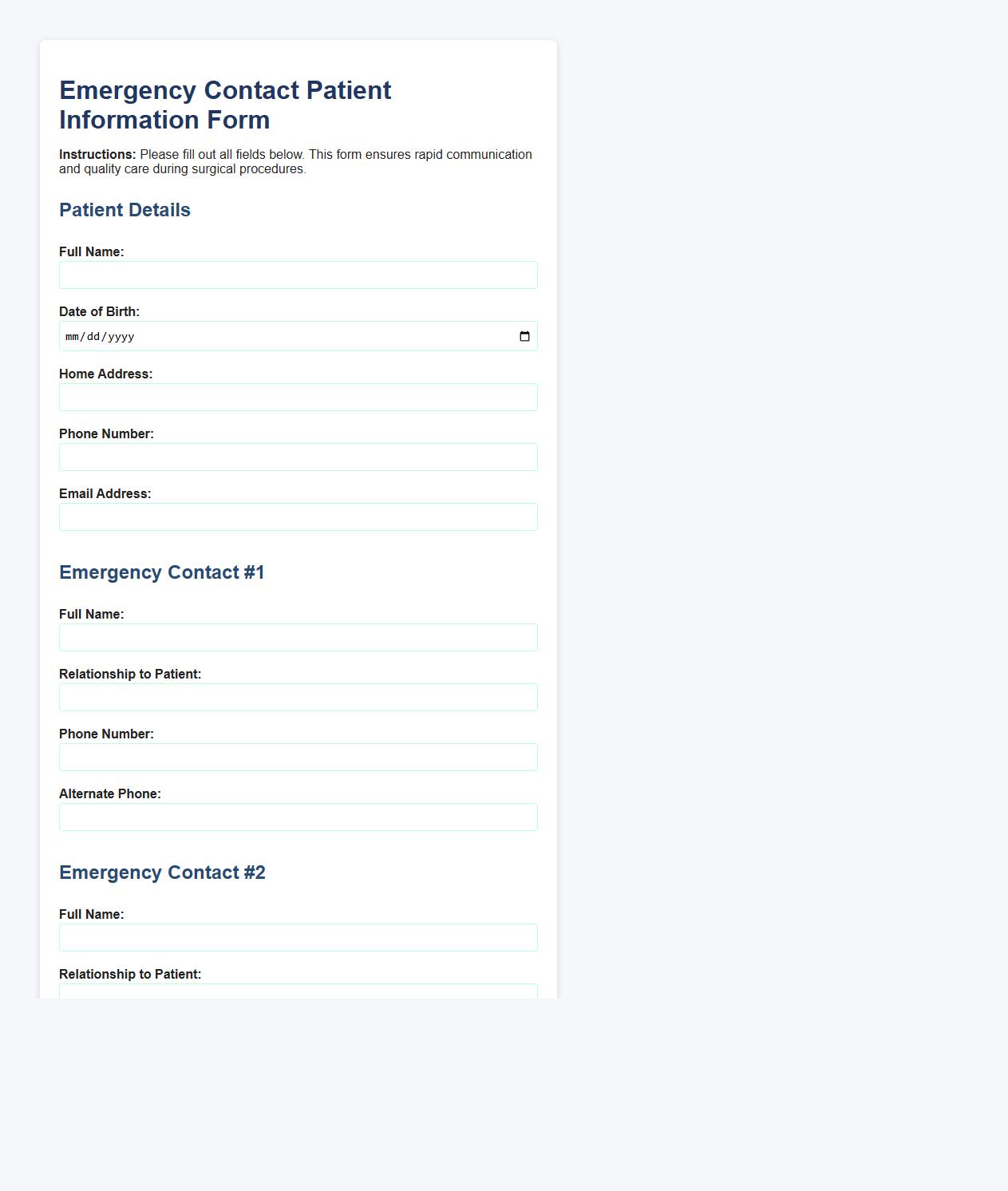 Emergency contact patient information form sample for surgery image preview