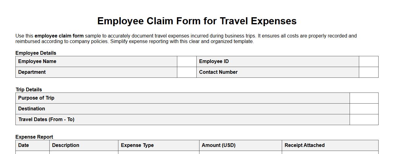 Employee claim form sample for travel expenses image preview