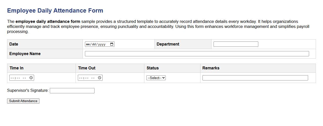 Employee daily attendance form sample image preview