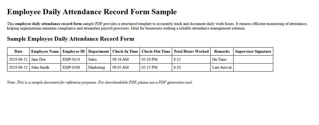 Employee daily attendance record form sample PDF image preview