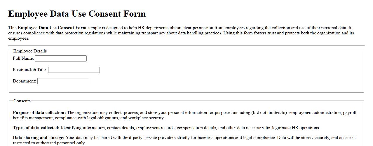 employee data use consent form sample for HR departments image preview