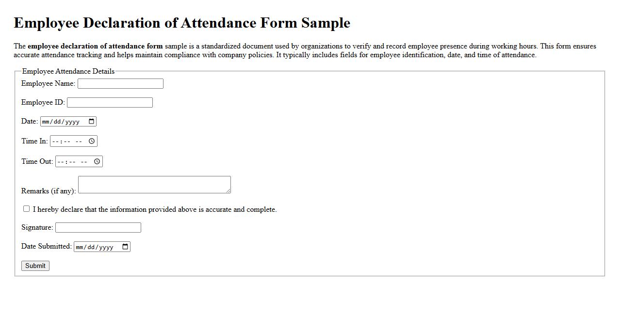 Employee declaration of attendance form sample image preview