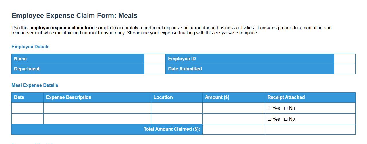 Employee expense claim form sample for meals image preview