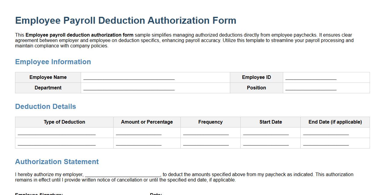 Employee payroll deduction authorization form sample image preview