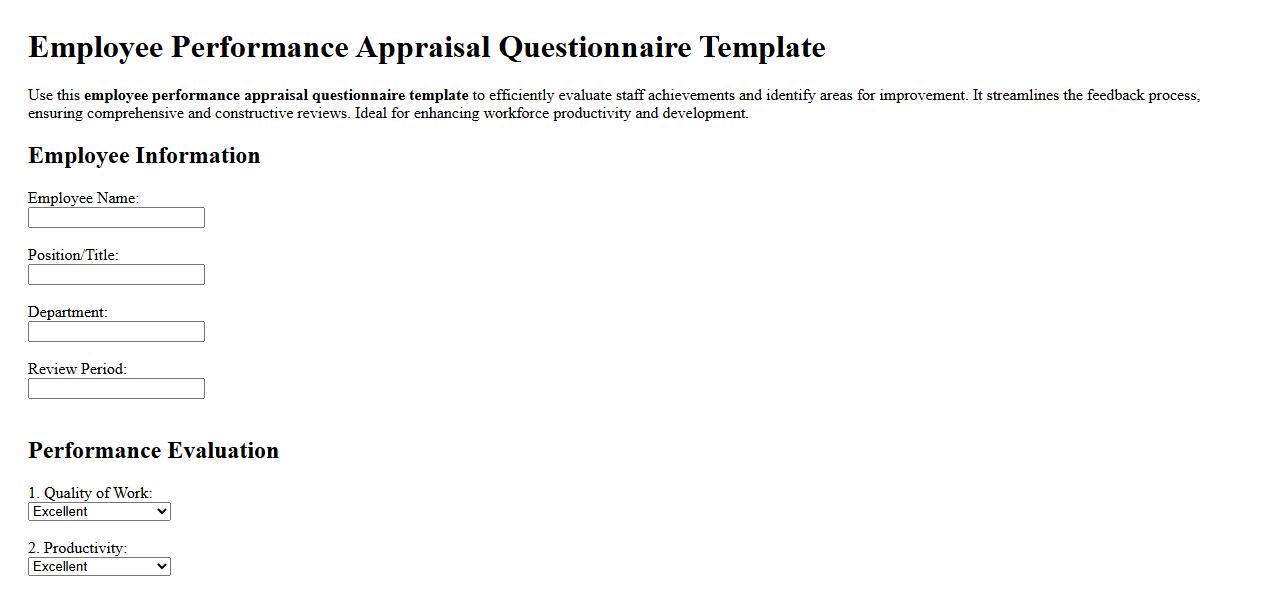 Employee performance appraisal questionnaire template image preview