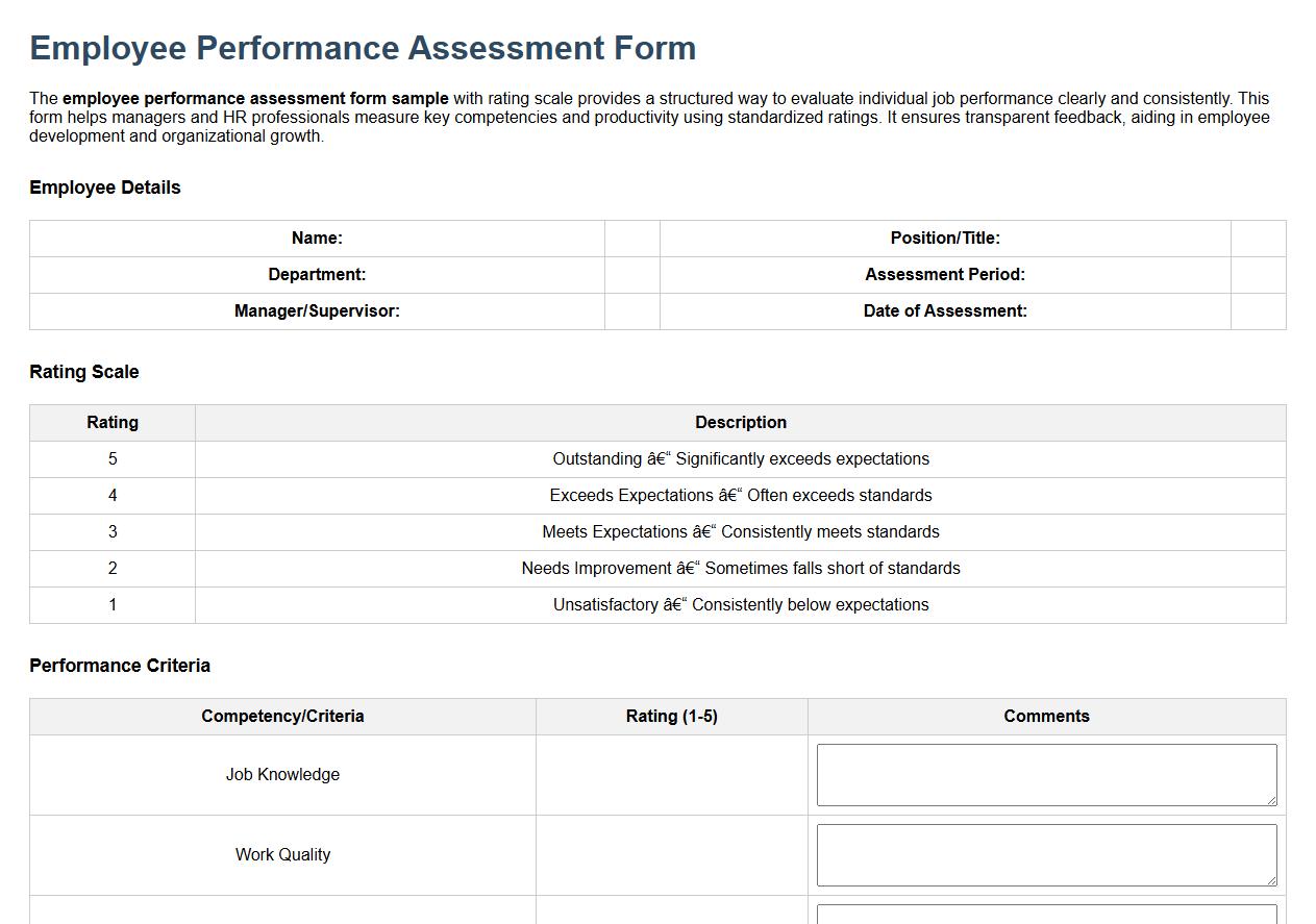 employee performance assessment form sample with rating scale image preview