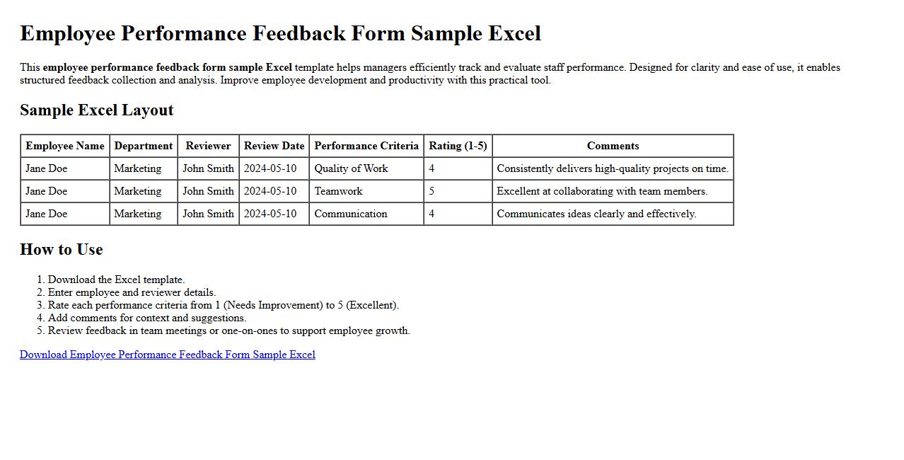 Employee performance feedback form sample Excel image preview
