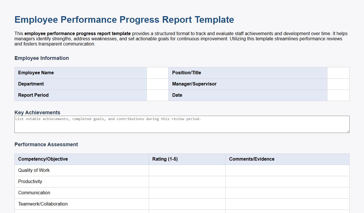 Employee performance progress report template image preview