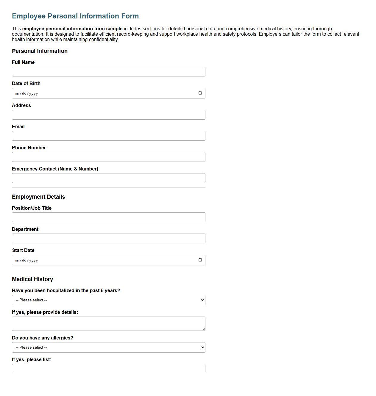 employee personal information form sample with medical history image preview