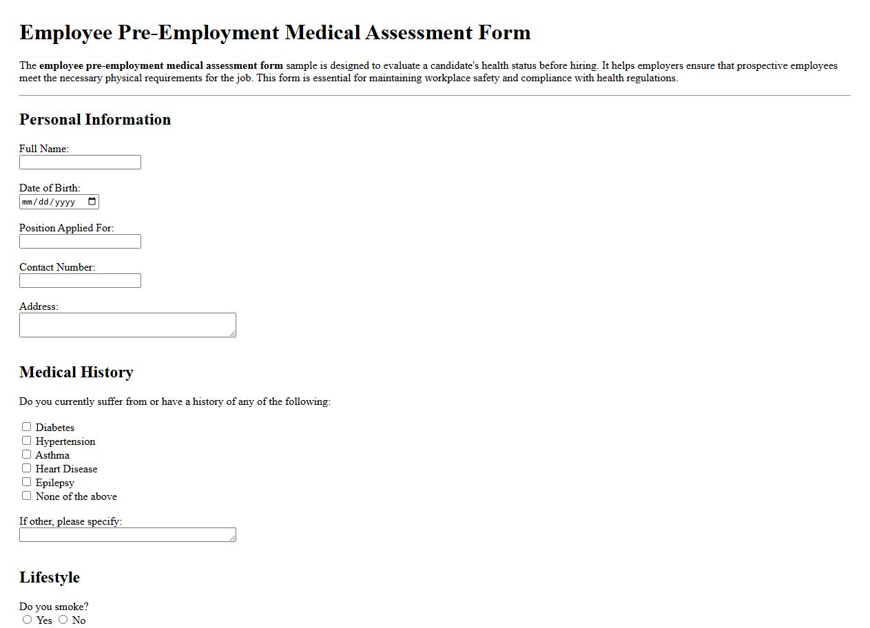 Employee pre-employment medical assessment form sample image preview
