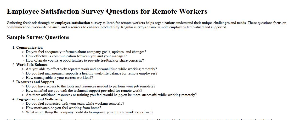 Employee satisfaction survey questions for remote workers image preview