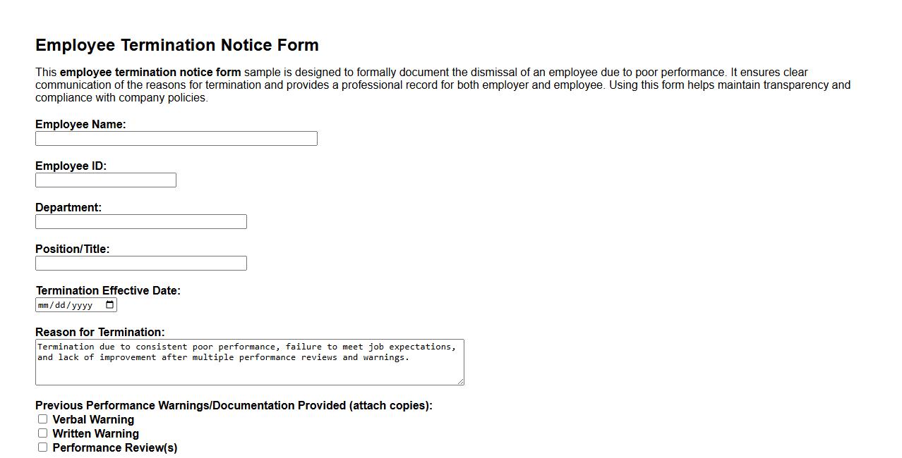 employee termination notice form sample for poor performance image preview