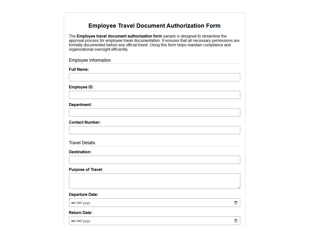 Employee travel document authorization form sample image preview