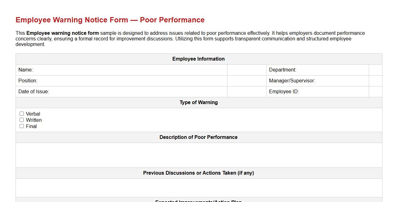 Employee warning notice form sample for poor performance image preview