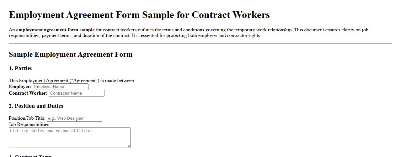 Employment agreement form sample for contract workers image preview