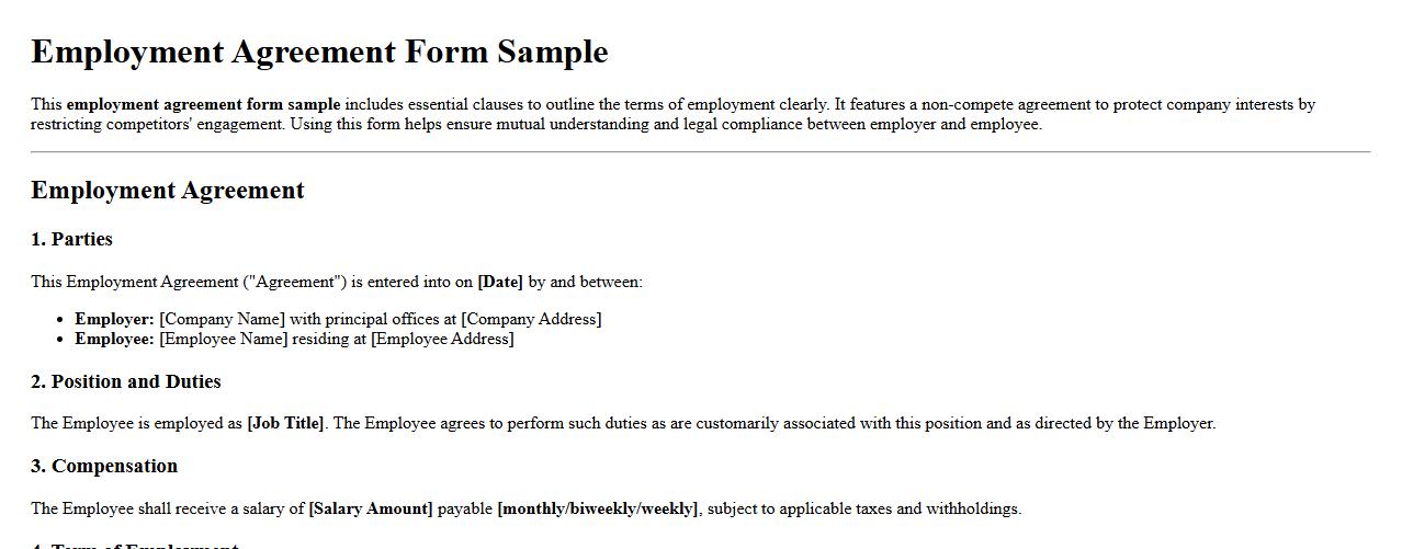 Employment agreement form sample including non-compete agreement image preview