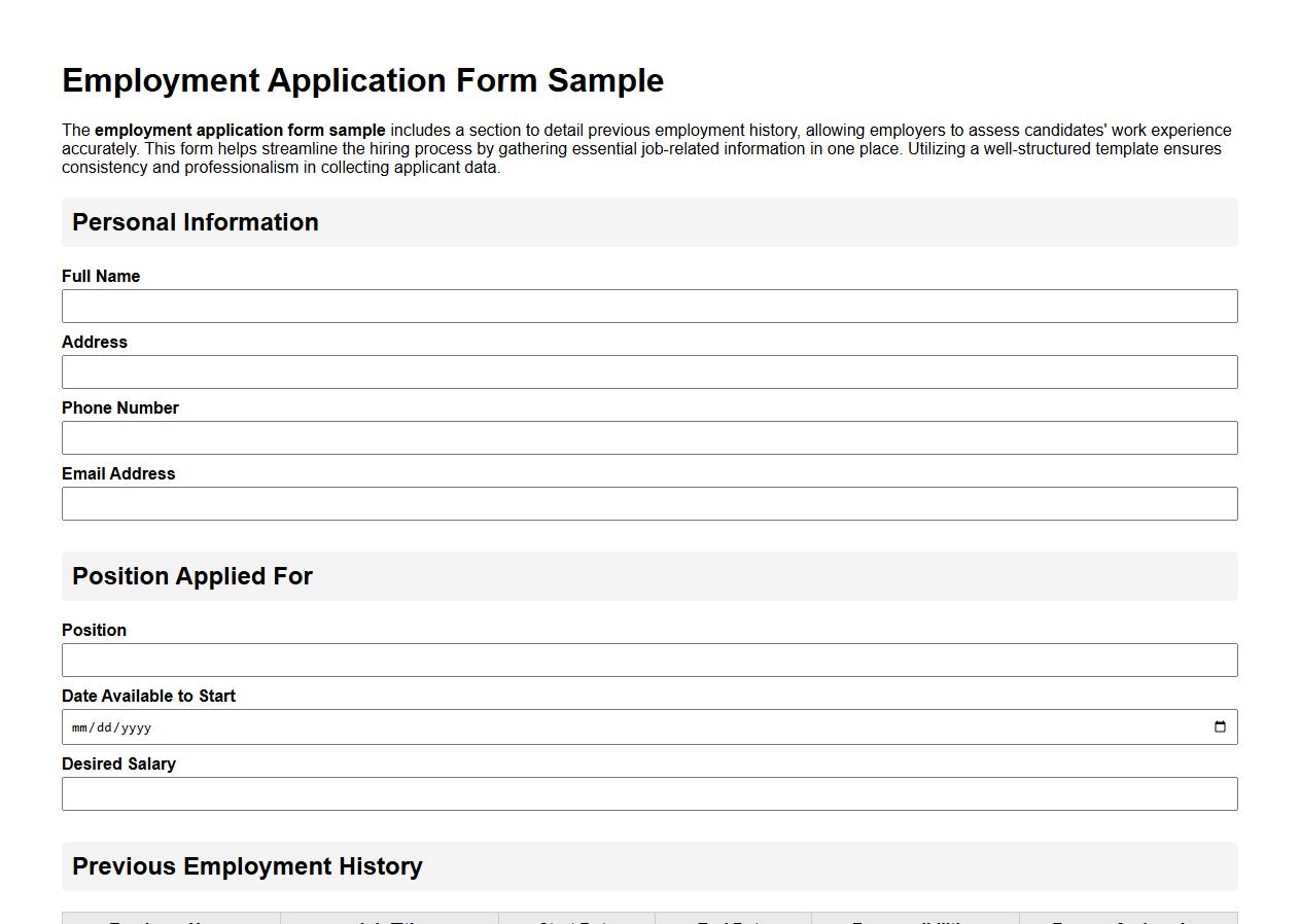 Employment application form sample with previous employment history image preview