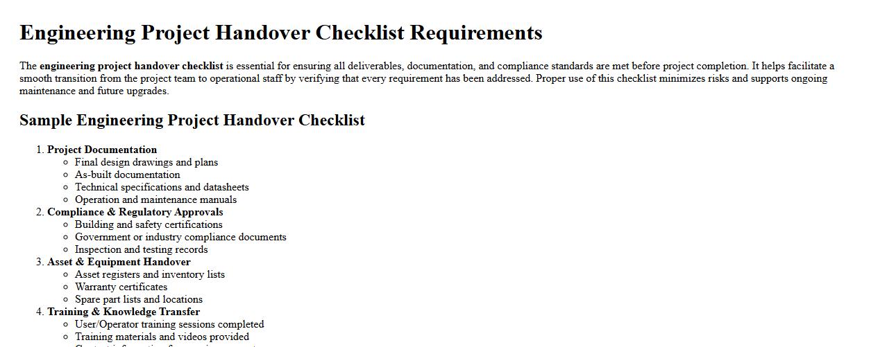 Engineering project handover checklist requirements image preview