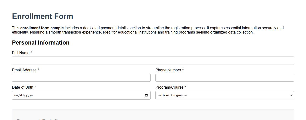 Enrollment form sample with payment details section image preview
