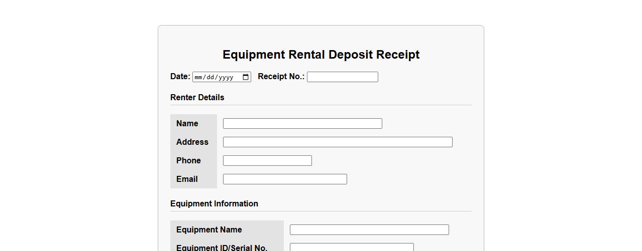 Equipment rental deposit receipt form sample with details image preview
