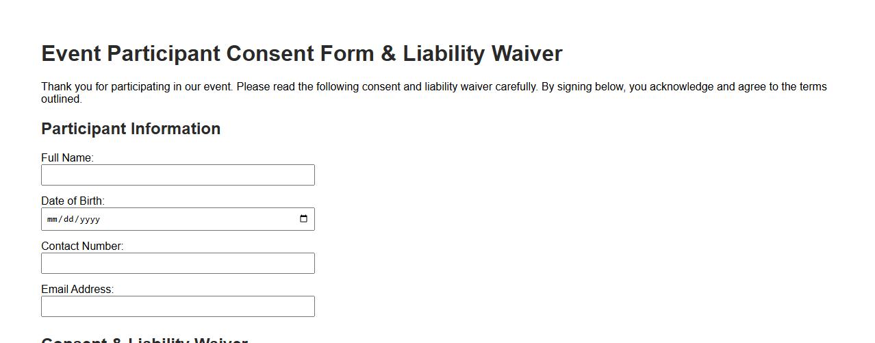 Event participant consent form sample with liability waiver image preview