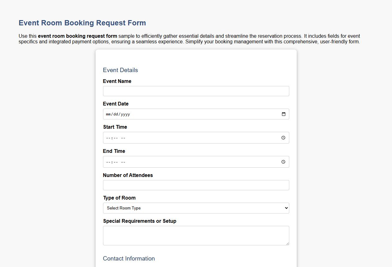 Event room booking request form sample with payment details image preview