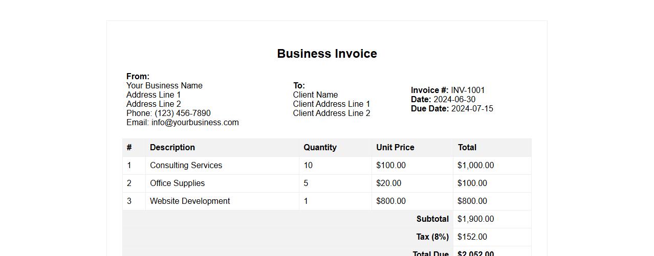 Excel business invoice form sample with itemized list image preview