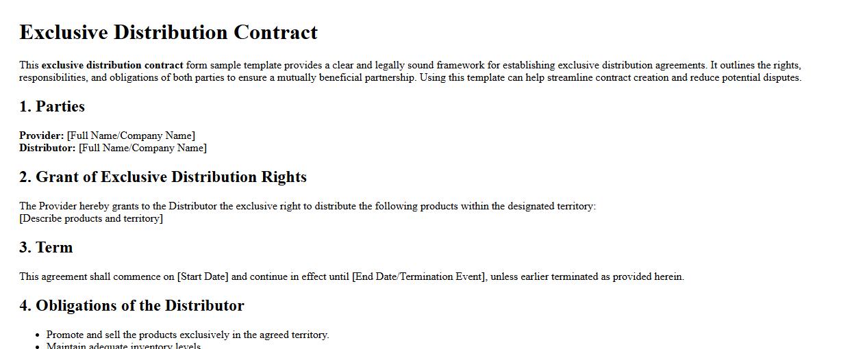 Exclusive distribution contract form sample template image preview