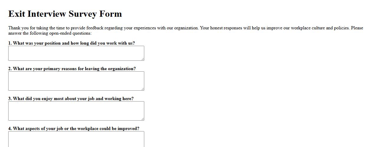 exit interview survey form sample with open-ended questions image preview