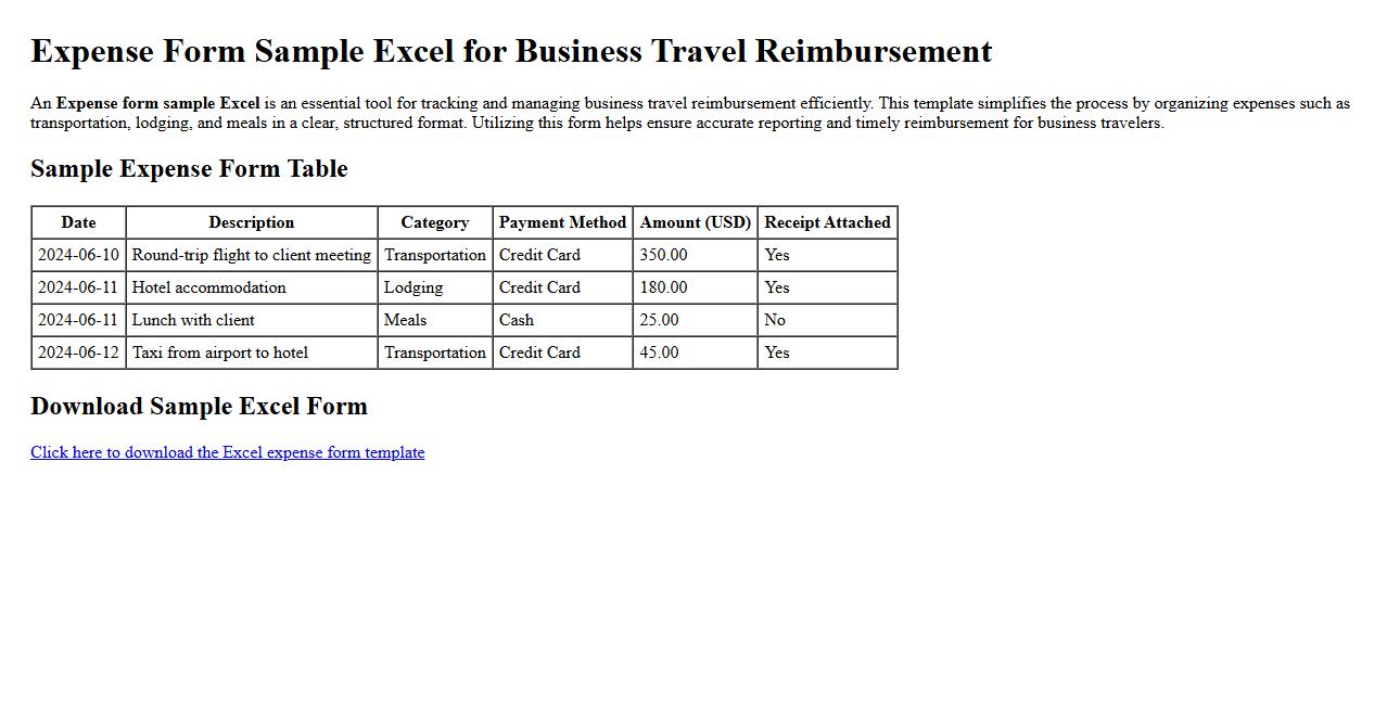 Expense form sample Excel for business travel reimbursement image preview