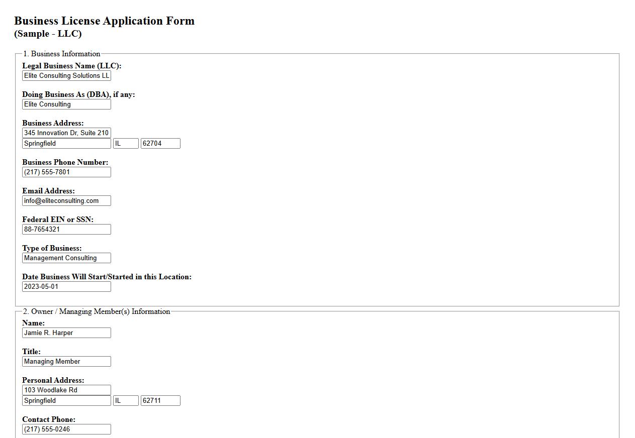 filled-out business license application form sample for LLC image preview