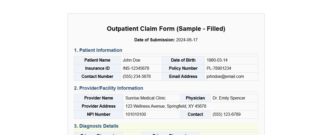 Filled outpatient claim form sample with diagnosis details image preview