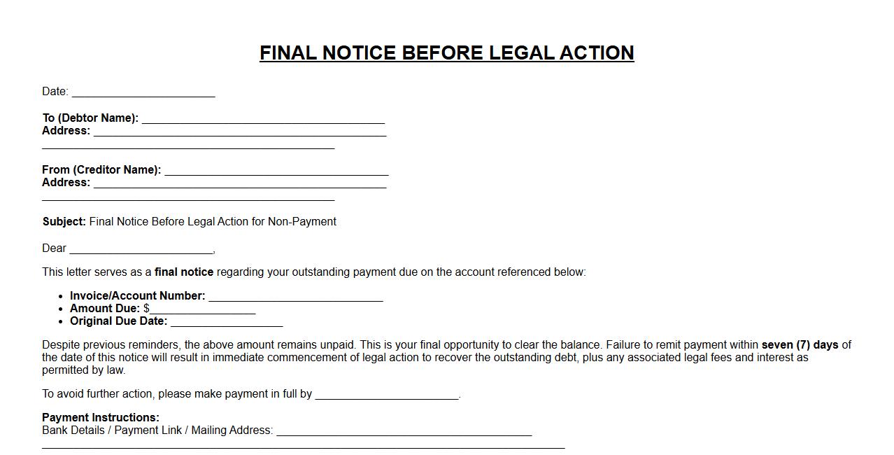 Final notice before legal action form sample for non-payment image preview