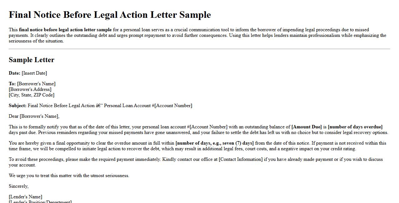 Final notice before legal action letter sample for personal loan image preview