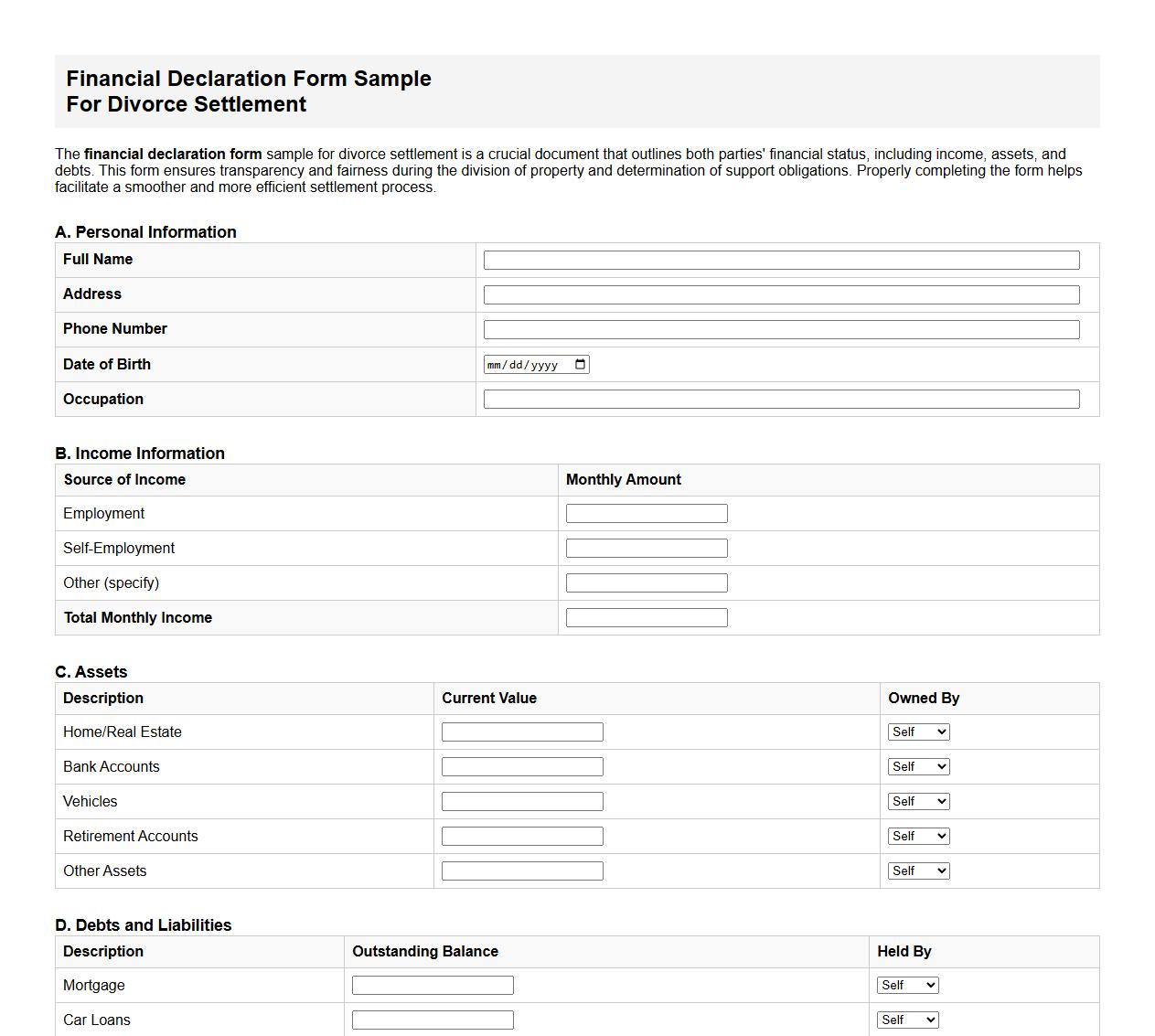 financial declaration form sample for divorce settlement image preview