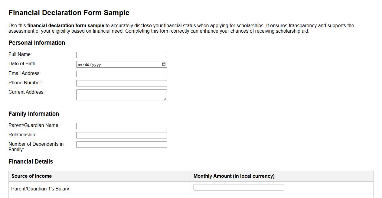 financial declaration form sample for scholarship application image preview
