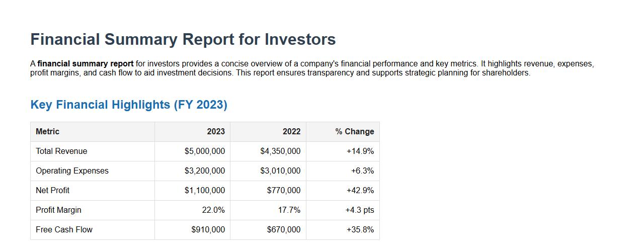 financial summary report for investors image preview
