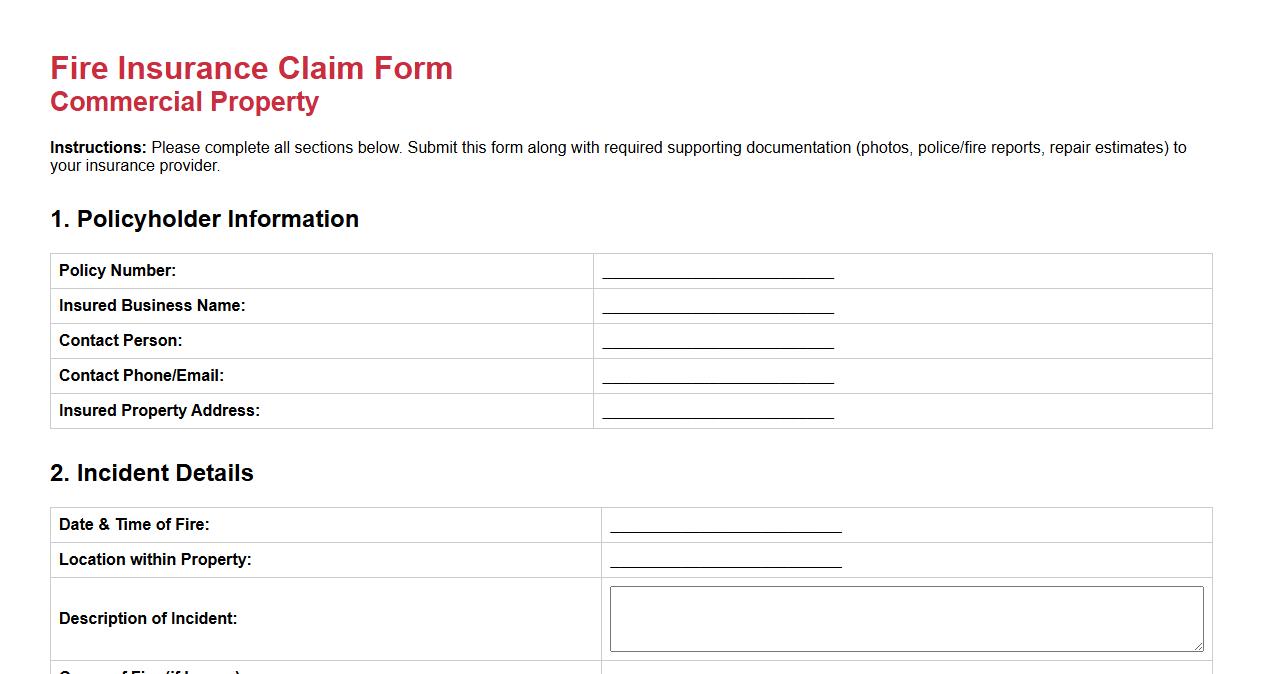 fire insurance claim form sample for commercial property image preview