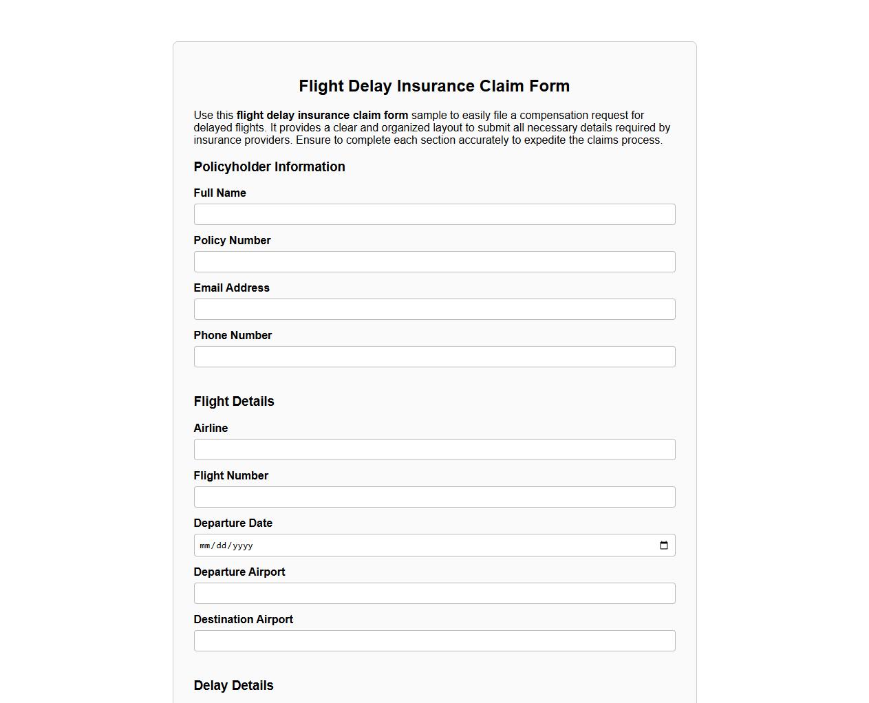 flight delay insurance claim form sample image preview