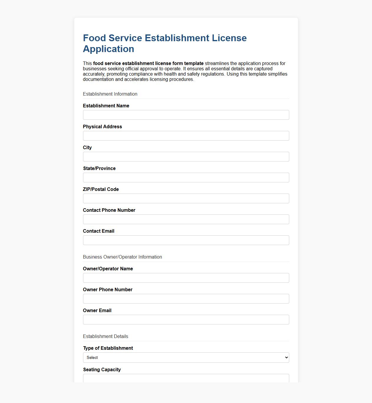 Food service establishment license form template image preview