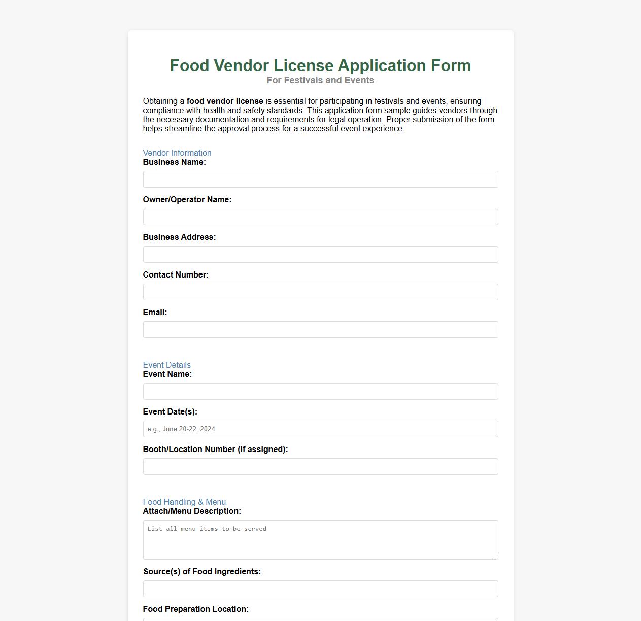 Food vendor license application form sample for festivals and events image preview