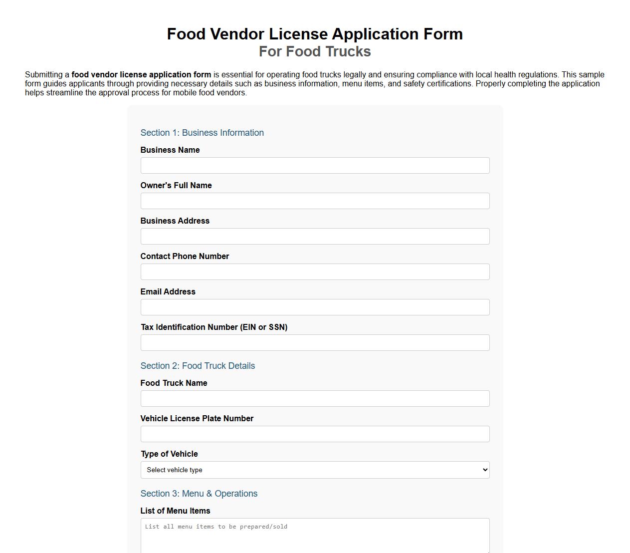 Food vendor license application form sample for food trucks image preview