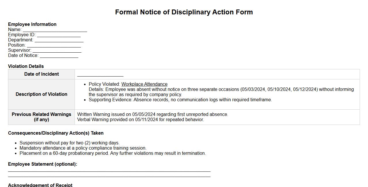 Formal Notice of Disciplinary Action Form sample with violation details image preview