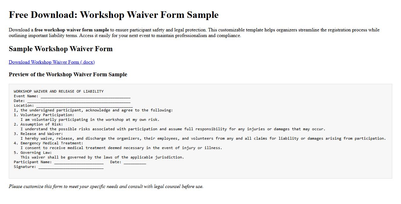 free download workshop waiver form sample image preview