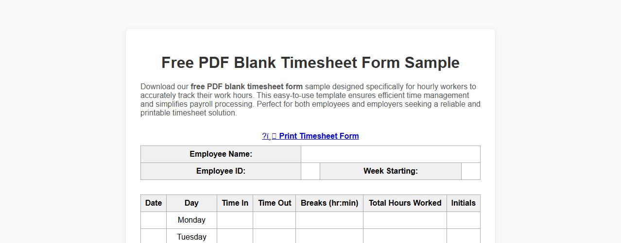 free PDF blank timesheet form sample for hourly workers image preview