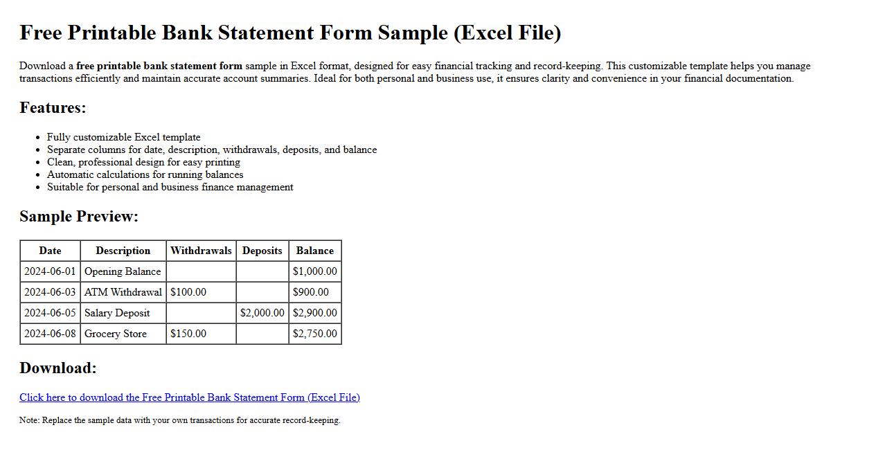 free printable bank statement form sample excel file image preview