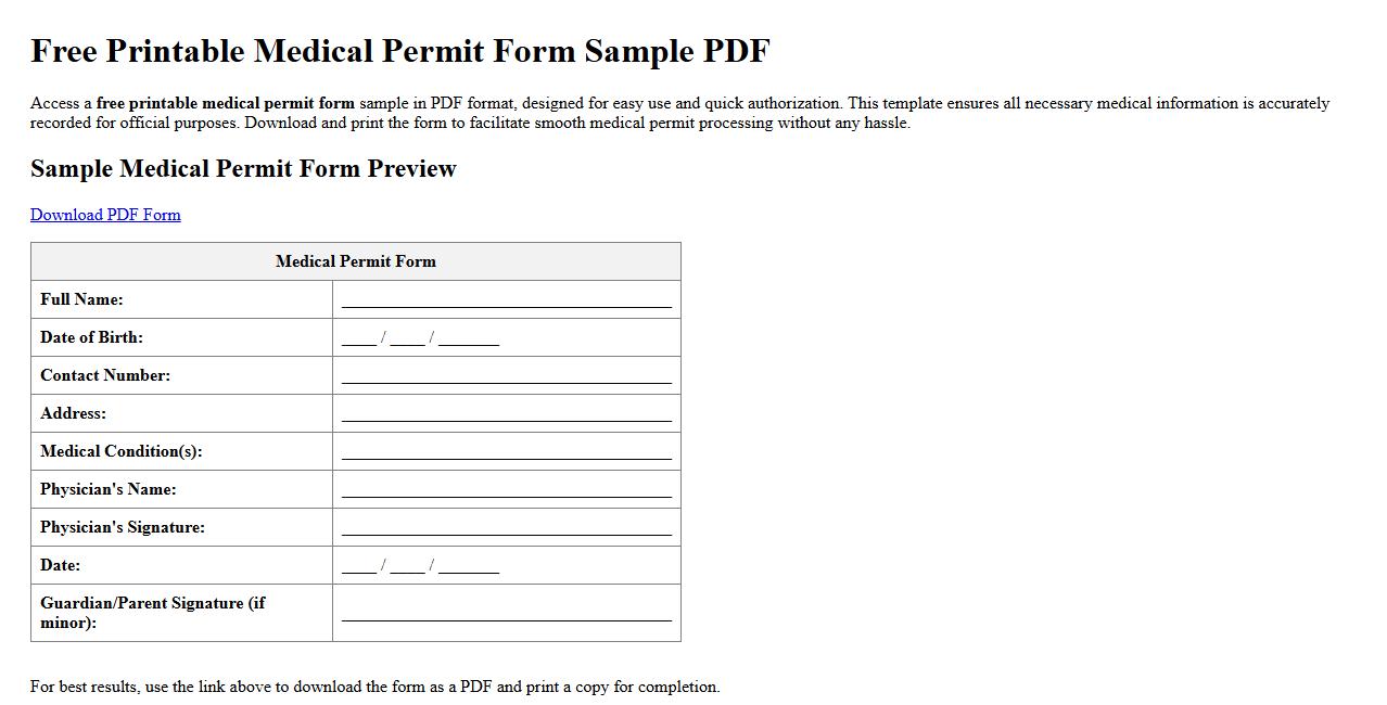 free printable medical permit form sample PDF image preview