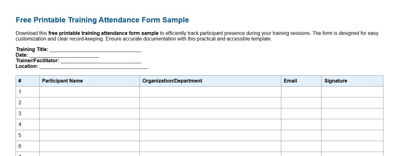 Free printable training attendance form sample image preview