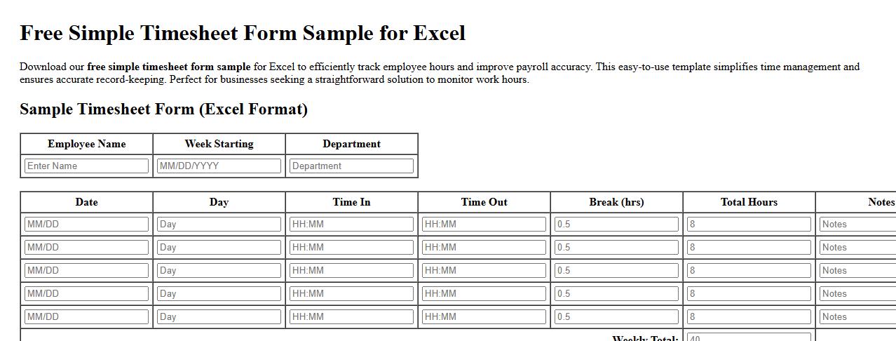 free simple timesheet form sample for excel image preview